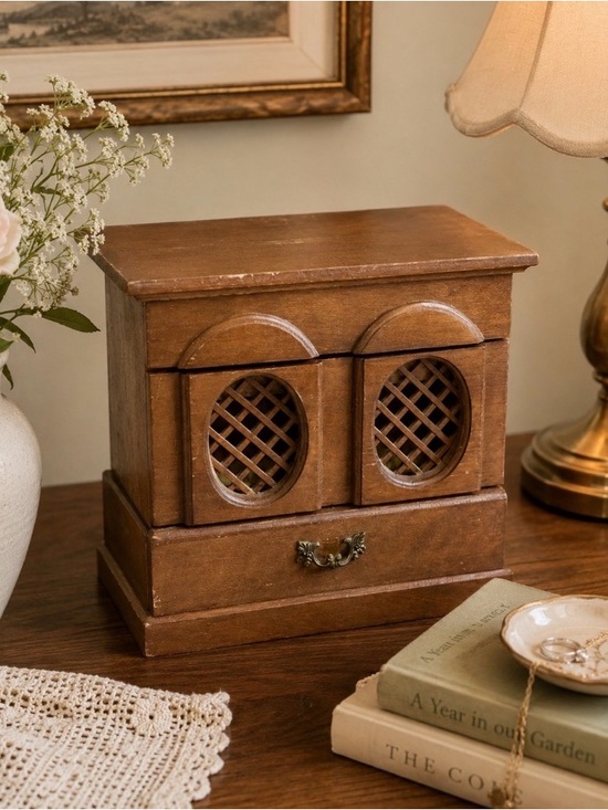 Vintage Other - Vintage Brown Wooden Musical Jewelry Chest with Lattice Doors, One Drawer Box